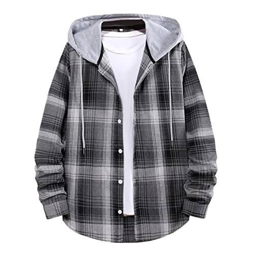 Men's Casual Checked Shirt Long Sleeve Hooded Collar Blouse Shirt Men's Shirt Cufflinks Men's Shirts