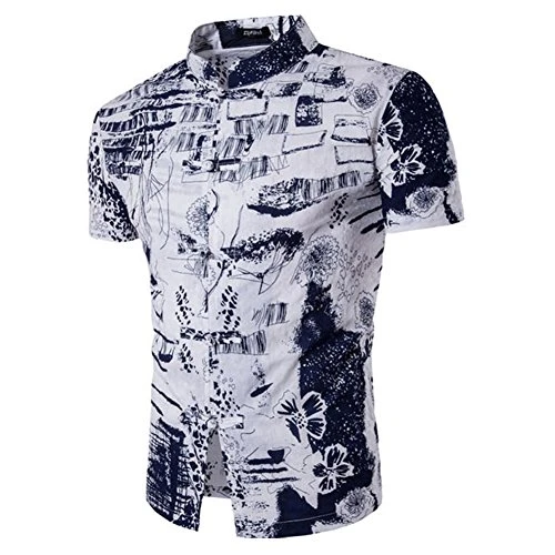 Mens Casual Chinese Style Stand Collar Short Sleeve Printed Shirts Navy XL