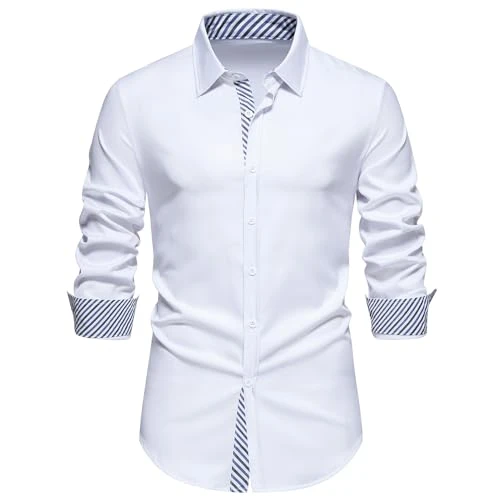 Men's Casual Classic Shirts Long Sleeve Button Down Shirts Regular Fit Dress Shirt White S