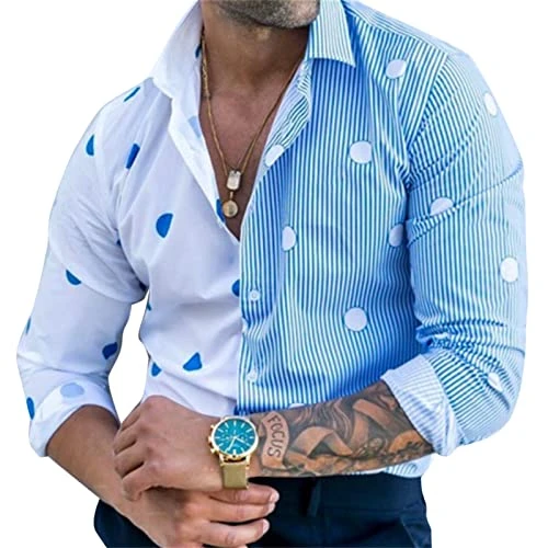 Men's Casual Color Block Button Down Shirt Polka Dots Print Long Sleeve Shirts Light Blue