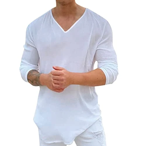 Men's Casual Cotton Solid T-Shirt Special Cuff Design V-Neck Top Shirt Long Sleeve Fashion Loose Top