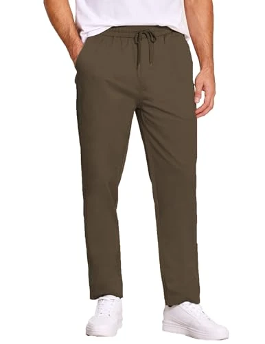 Men's Casual Drawstring Pants Regular Fit Elastic Waist Cotton Basic Straight Leg Cargo Pants, Brown