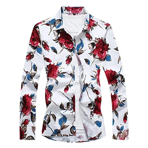 Mens Casual Floral Printed Shirts Long Sleeve Funky Slim Fit Cotton Shirt Fashion Casual Tops,White 