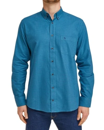 Men's Casual Gingham Check Long Sleeve Regular Fit Teal Shirt - Button Down Collar (5XL)