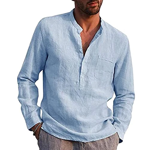 Mens Casual Henley T Shirts Short Sleeve Shirts Button Up Casual Summer Fashion Tee Tops B Blue XS