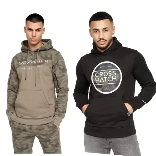 Mens Casual Hoodie (2 Pack) Classic Graphic Hooded Long Sleeve Sweatshirt(S,BLACK/KHAKI)