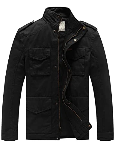 Men's Casual Jacket Cotton Leisure Jackets Stand Collar Warm Jackets Outdoor Leisure Multi Pockets Jacket Black S