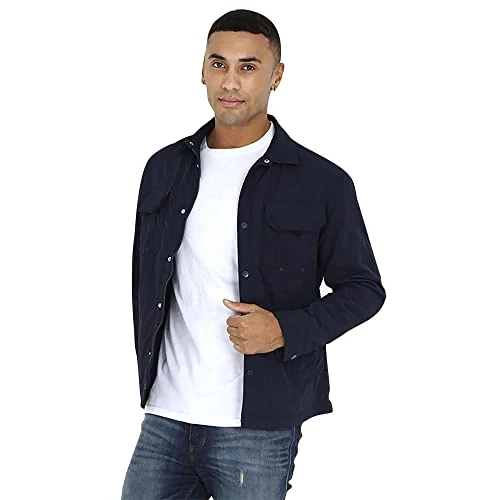 Men's Casual Jacket Plain Utility Shacket Pockets Collar Regular Fit Blue, Navy - Pearson L