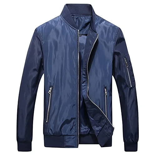 Mens Casual Jackets Lightweight Bomber Jacket Slim Fit Outwear Classic Full-Zip Jacket Military Jackets Blue 3XL