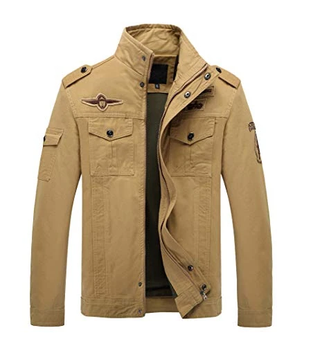 Mens Casual Jackets Slim Fit Cargo Stand Collar Military Coat Outerwear Plus Size Khaki L