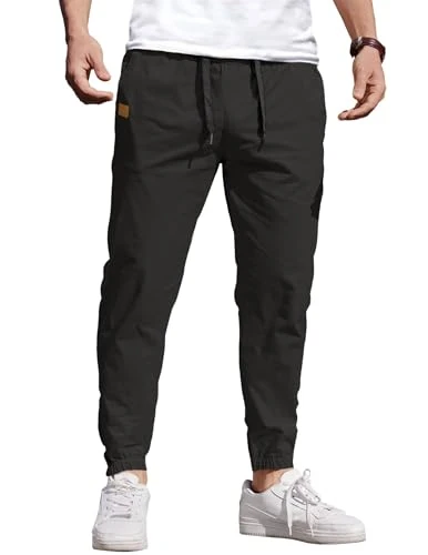 Mens Casual Joggers Pants Elastic Drawstring Chino Cargo Pants Hiking Outdoor Track Sweatpants, Blac