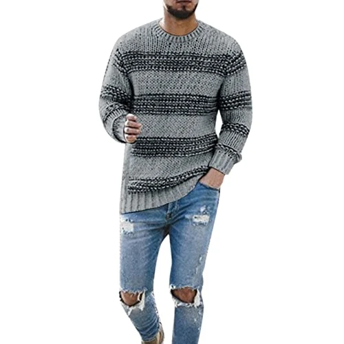 Mens Casual Knitted Crew Neck Sweater Winter Long Sleeve Coffee Sweaters Fashion Striped Pullover Sw