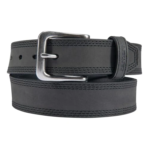 Men's Casual Leather Triple Stitch Belts, Black W/Brushed Nickel Finish, 46