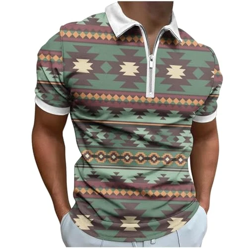 Men's Casual Linen Shirt,Men's Western Aztec Ethnic Tees Novelty Shirts 1/2 Zipper Henry T-Shirt Top