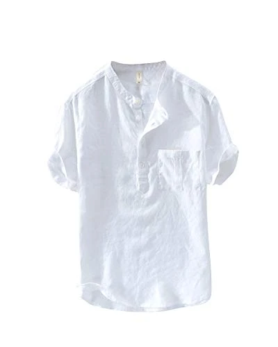 Mens Casual Linen Stand Collar T-Shirt Short Sleeve Button Up Shirts White XXL