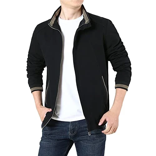 Men's Casual Long Sleeve Autumn Winter Stand-Up Collar Top Blouse Coat Jacket with Pockets Bomber Jacket, black, XL