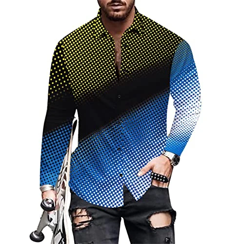 Men's Casual Long Sleeve Button Down Polka Dots Gradient Dress Shirt