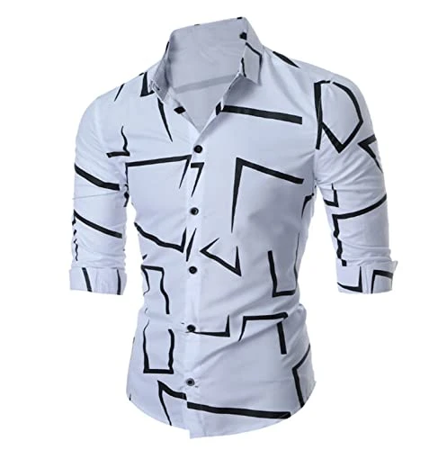 Men's Casual Long Sleeve Dress Shirt Geometry 3D Print Lapel Collar Button Down Shirt White