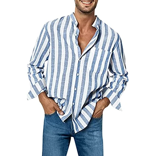 Mens Casual Long Sleeve Linen Shirts Summer Striped Casual Shirt Tall Tee Oversized Button Up Shirt 