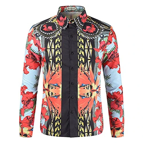 Men's Casual Long Sleeve Shirts Luxury Printed Silk Like Satin Slim Fit Tops