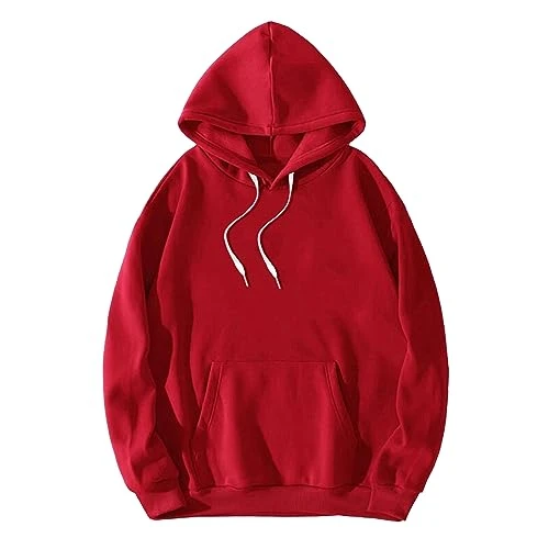 Mens Casual Long Sleeves Drawstring Plain Hoodie Hooded Sweatshirt Pullover Warm Thermal Tops Red M