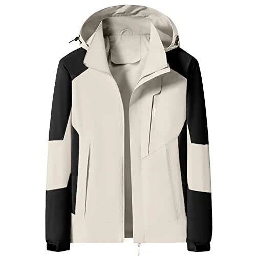Men's Casual Patchwork Outdoor Jackets with Removable Hood Long Sleeve Zip Slit Pocket Coat Ski Jackets Men's Offers Men's Sports Jacket Men's Rain Jacket Men Waterproof, khaki, XL