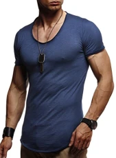 Men's Casual Plain Round Collar Short Sleeve Long-Sleeved Top - Blue - Medium