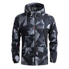 Men's Casual Print Hooded Zip Long Sleeve Pocket Coat Loose Jacket Wind Protection for Holiday Travel Outdoor Jackets Red Men's Waterproof Jacket Men's Thin Jacket Men Lightweight, black, M