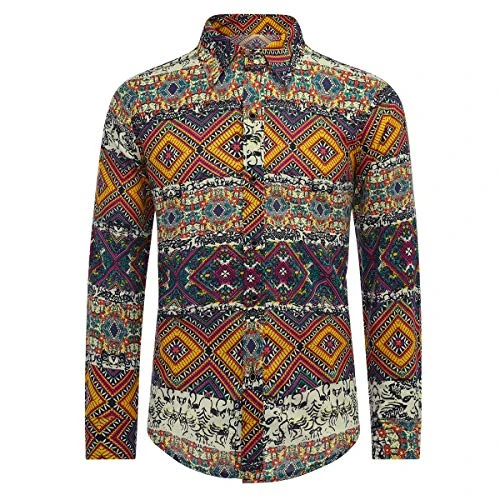 Mens Casual Printed Shirts Summer Long Sleeve Linen Shirt Funky Floral Hawaiian Shirt XS-5XL Geometr