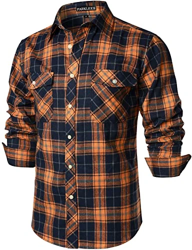 Men's Casual Regular Fit Button Up Flannel Checked Plaid Shirts with Pockets PZLCL41 Orange M