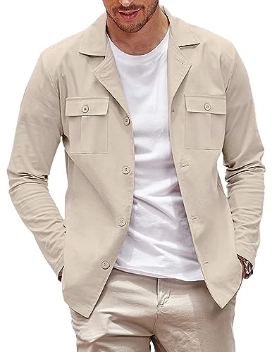 Men's Casual Shirt Jacket Cotton Linen Shacket Lightweight Work Coat Button Down Overshirt, Light Khaki, M