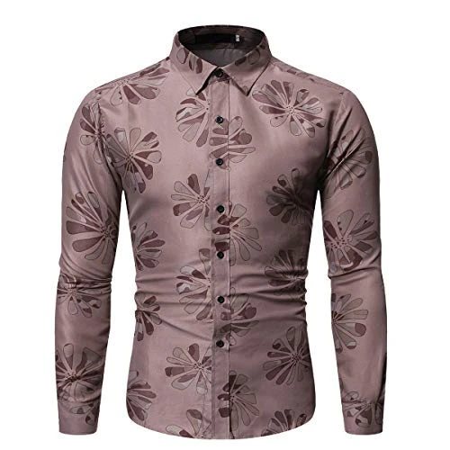 Men's Casual Shirt Long Sleeve Hawaiian Printed Shirts Floral Beach Shirt Lapel Shirt Top,70 Brown,M