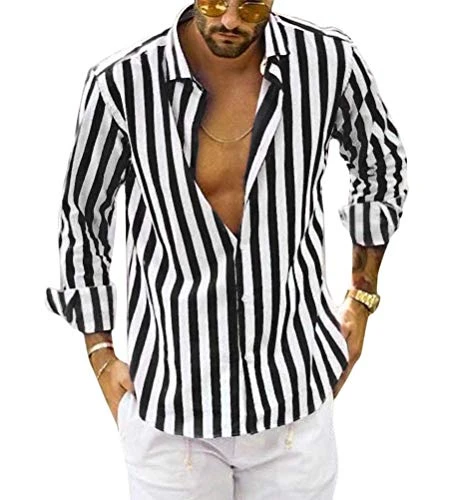 Men's Casual Shirts Striped Print Long Sleeve Slim Fit Formal Shirt Office Button Down Basic T Shirt