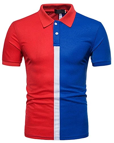 Mens Casual Short Sleeve Polos T Shirt Tennis Golf Classic Color Mixing Polo Shirts Red Blue L