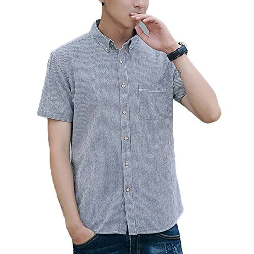 Men's Casual Short Sleeve Shirt Summer Stripes Shirts Grey L