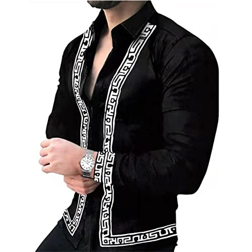 Men's Casual Slim Fit Dress Shirt Casual Retro Printed Shirt Long Sleeve Button Down Shirts Black