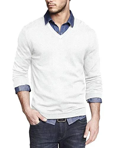 Men's Casual Slim Fit Jumpers Knit V Neck Pullover Plain Mens Sweater White L