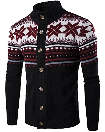 Mens Casual Snowflake Long Sleeve Knitted Cardigan Sweater Coat Black L