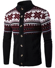 Mens Casual Snowflake Long Sleeve Knitted Cardigan Sweater Coat Black L