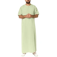 Mens Casual Solid Round Neck Zipper Muslim Robe Short Sleeve Jubba Thobe Dress Shirt for Big and Tall Men Men's Robes Green