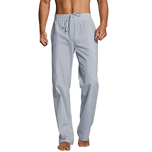 Men's casual solid trousers, short straight trousers in full length, short drawstring pocket, fashio