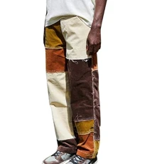 Men's Casual Straight-Leg Jeans, Fashionable Frayed Patchwork Color Matching Loose-fit Denim Trousers