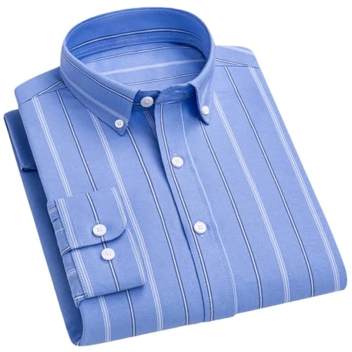 Men's Casual Stripe Shirts Long Sleeve Button Down Shirts Classic Dress Shirt Blue L