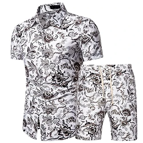 Mens Casual Summer Floral Print Shirts Hawaiian Short Sleeve Button Down Shirt and Short Set White X