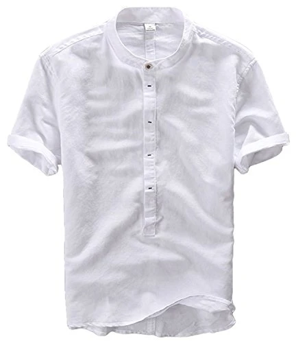 Men's Casual Summer Short Sleeve Linen Henley Shirts Beach Shirts (White, Asian M)