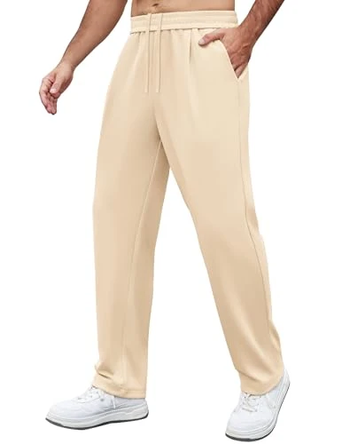 Mens Casual Sweatpants Open Bottom Lightweight Lounge Pants Straight Leg Workout Yoga Pants with Pockets, Beige, 3X-Large