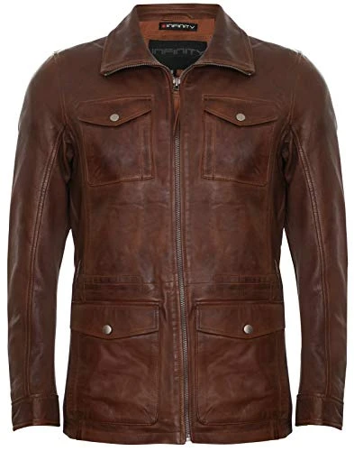 Men’s Casual Tan Brown Leather Jacket with Multi-Pocket Trench Overcoat 5XL