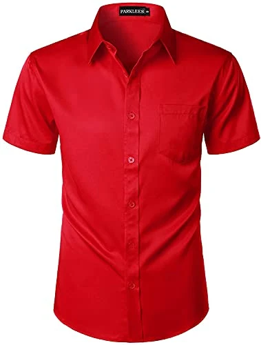 Mens Casual Urban Stylish Slim Fit Short Sleeve Button Up Dress Shirt with Pocket Red XXL