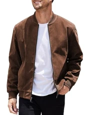Men's Casual Varsity Jacket Vintage Lightweight Suede Bomber Jackets, Brown, M