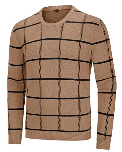 Men's Casual Work Sweater Crewneck Fleece Jumper Fashion Golf Pullover Shirts Brown